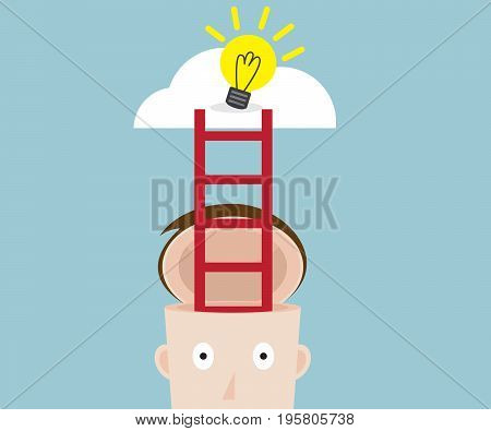 ladder from human head to bulb idea on cloud vector illustration