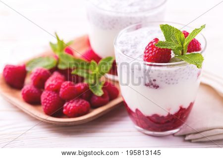 Raspberries Chia Pudding And Fruit Smoothie With Mint