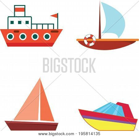 Cartoon boats and ships - isolated flat vector set with icons. Cartoon touristic ships. Illustration for design and decoration.