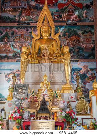 Bang Pakong Thailand - July 16 2017: Interior of Wat Hong Thong a temple built on a concrete platform at the coast of Chachoensao in Thailand after the sea started to reclaim the area of the original temple several decades ago as a result of erosion.