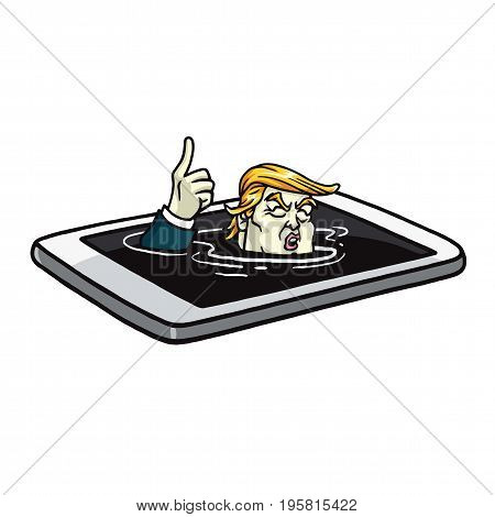 Donald Trump Drowning in Mobile Phone. Cartoon Illustration Vector. July 18, 2017