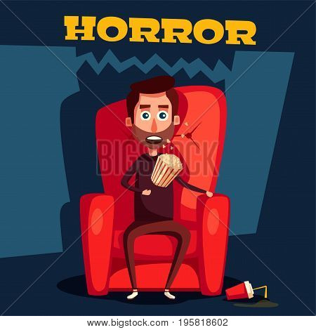 Horror in the cinema. Cartoon vector illustration. Man sitting on the armchair. Feel fear
