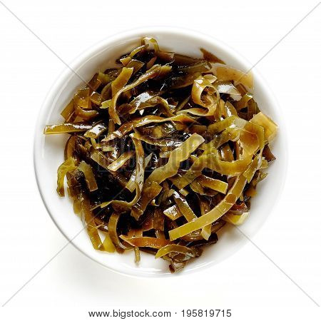 Bowl Of Laminaria Seaweed Isolated On White, From Above