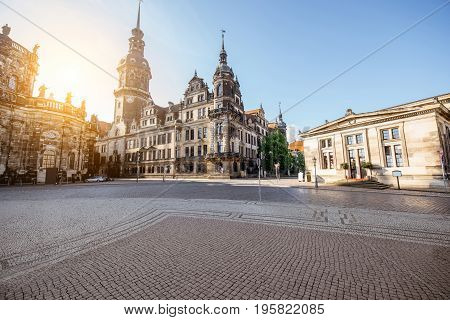 View on the old castle with Hausmannsturm tower in Dresden city during the sunrise in Germany