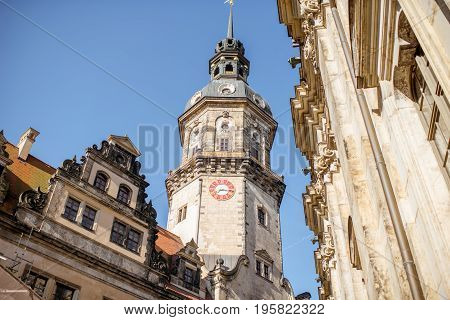 Close-up view on the Hausmannsturm tower of the old castle in Dresden, Germany