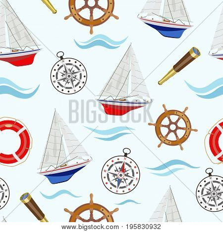 Vector pattern with sea regatta and attributes sailing yachts and a compass, steering wheel, life ring and a telescope on a light background among blue waves.