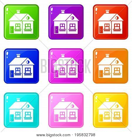 Large single-storey house icons of 9 color set isolated vector illustration
