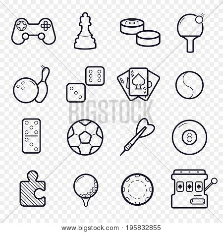Games, videogames linear icons. Ping-pong, chess, golf, billiards, darts, gambling, and other leisure activities. Logic, gambling, sports thin line icons.
