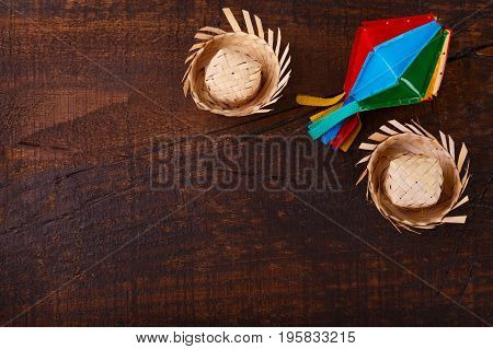 Wooden Background With Wicker Hat For Brazilian Festivel Festa Junina