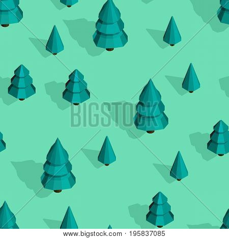 Seamless isometric trees pattern vector illustration. 3d low poly spurce