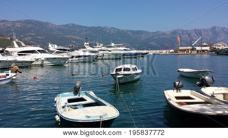 Budva, Montenegro - June 27, 2017: Boats, yachts in the beautiful Dukley Marina Budva