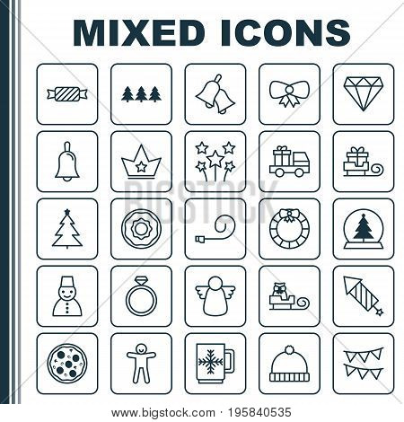 Christmas Icons Set. Collection Of Snow Person, Wedding Jewel, Brilliant And Other Elements