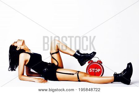 young pretty indian girl with red alarm clock posing cheerful on white background isolated, sexy modern woman concept, lifstyle people close up
