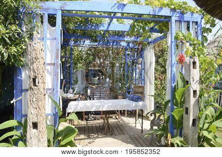 CHIPIONA, SPAIN - JULY 16, 2017: Lovely massage area in beach club located in Chipiona a municipality of the province of Cadiz Andalusia Spain