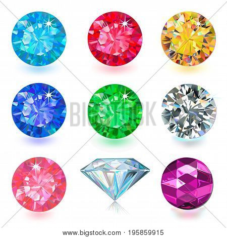 Gemstone bright flatlay set (top side view) isolated on white background vector illustration