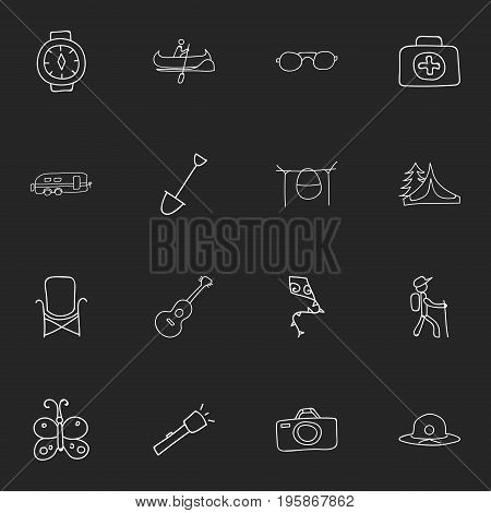 Set Of 16 Editable Trip Doodles. Includes Symbols Such As Camper, Medical Kit, Beauty Insect And More