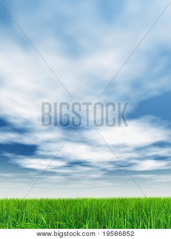 Haute résolution 3d green grass sur un ciel bleu avec des nuages blancs dans le fond et un horizon clair