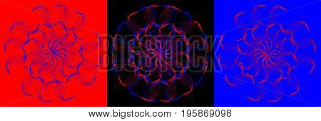 Abstract flower composition on red black and blue background with color strokes.