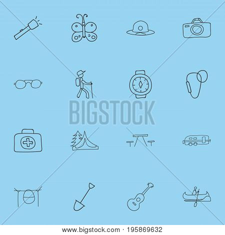 Set Of 16 Editable Trip Doodles. Includes Symbols Such As Boat, Carabine, Camper And More