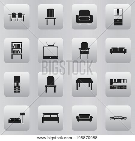 Set Of 16 Editable Interior Icons. Includes Symbols Such As Lamp, Bookrack, Restaurant Table And More
