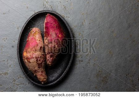 Peruvian raw sweet potatoes camote batata. Top view.