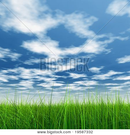 Haute résolution 3d green grass sur un ciel bleu avec des nuages blancs dans le fond et un horizon clair