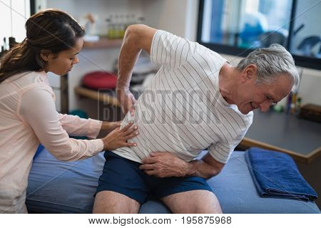 Female therapist examining back of senior male patient sitting on bed at hospital ward
