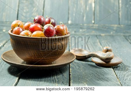 A Multicolored Gooseberry In Clay Dishes. Cold Mood.