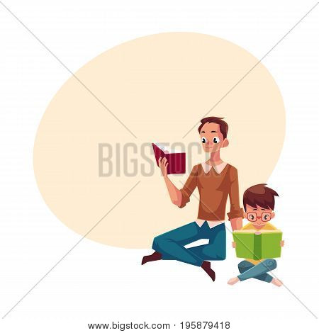 Young man and little boy reading books sitting legs crossed on the floor, cartoon vector illustration with space for text. Man and boy, father and son reading thick interesting books, sitting
