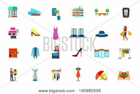 Fashion store icon set. Showcase Mall E-payment Shoe store Bench Dataphone Accessory Footwear Woman clothes Sensor gates Shopping Locker Cashier Revolving door Hanger Designer Fashion store Free gift