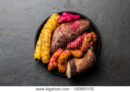 Peruvian raw ingredients for cooking - yuca, colored sweet potatoes and camote batata. Top view.