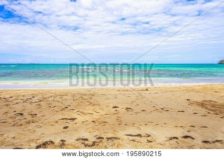 Empty sandy beach with azure blue color of the caribbean sea. Dominican Republic