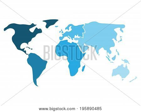 Multicolored world map divided to six continents in different shaders of blue - North America, South America, Africa, Europe, Asia and Australia Oceania. Simplified silhouette blank vector map.
