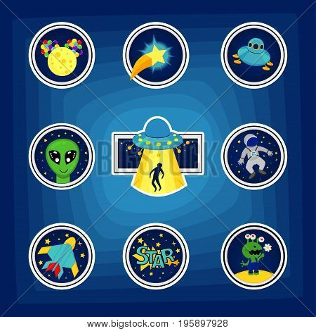 Fashion patch badges with star aircraft astronaut ufo rocket and other. Very large set of girlish and boyish stickers patches in cartoon isolated.Trendy print for backpacks things clothes