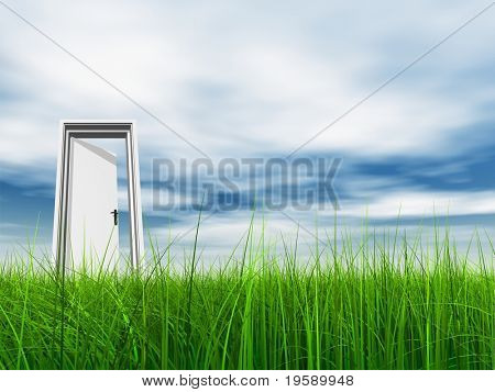 Hochauflösende 3D weiß Tür öffnete im Gras in einen schönen Himmel Hintergrund mit weißen Wolken