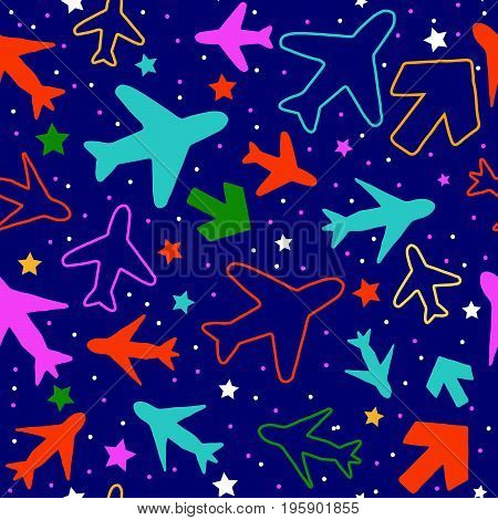 Kids seamless pattern with color planes arrows and stars..Hand drawn planes and arrows doodle style. .Simple background for decoration..Vector illustration.