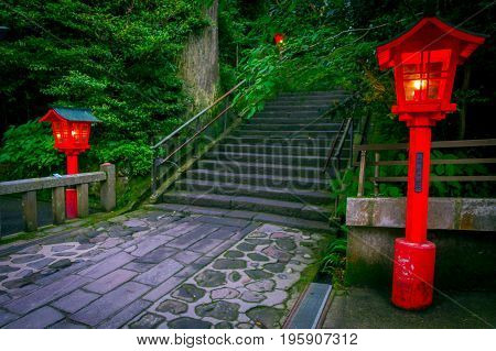 The night view of the approach to the Hakone shrine in a cedar forest. With many red lantern lighted up.
