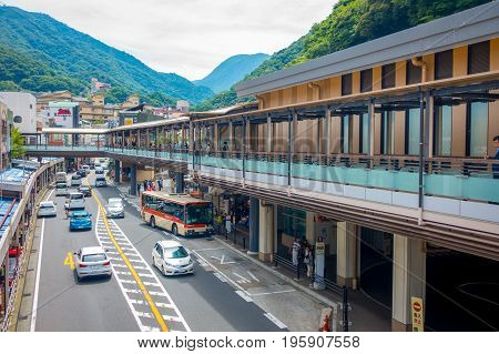 HAKONE, JAPAN - JULY 02, 2017: Hakone-Yumoto station which serves as the entry point into the Hakone mountain resort. The station featured in the anime and manga Neon Genesis Evangelion.