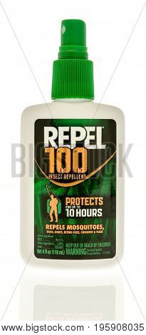 Winneconne WI - 12 July 2017: A bottle of Repel 100 insect repellent on an isolated background.