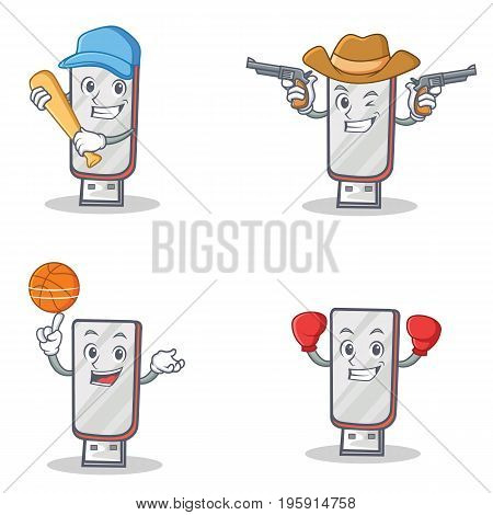 Set of flashdisk character with baseball cowboy basketball boxing vector illustration