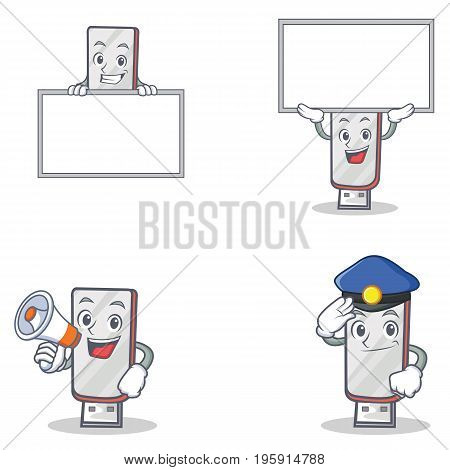 Set of flashdisk character with police board megaphone vector illustration