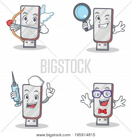 Set of flashdisk character with cupid detective nurse geek vector illustration
