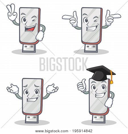 Set of flashdisk character with two finger wink graduation vector illustration