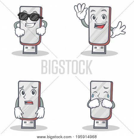 Set of flashdisk character with cool waving afraid crying vector illustration