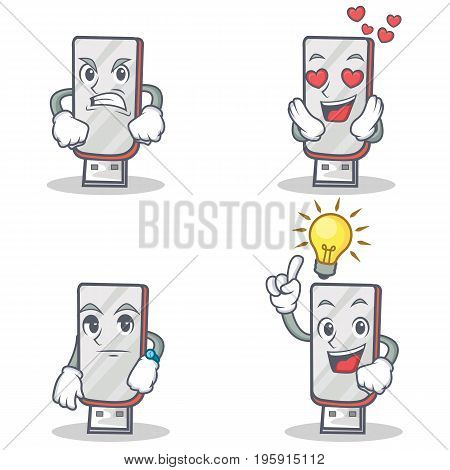 Set of flashdisk character with angry love waiting idea vector illustration