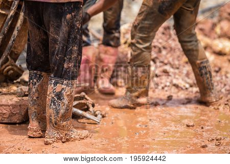 Worker Installing Wet-process Bored Pile For Outside Public Construction