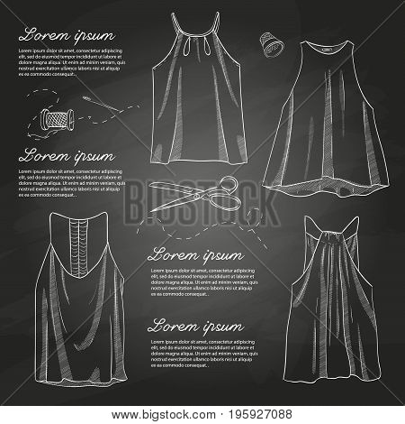Set of woman casual clothes, t-shirts with thin britels. Simple flat vector illustration on a chalkboard