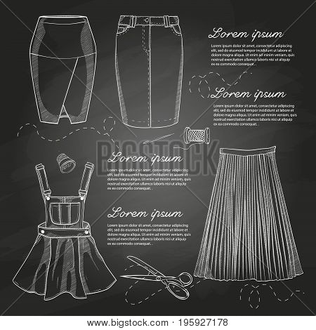 Set of woman casual skirts and overall dress. Simple flat vector illustration on a chalkboard