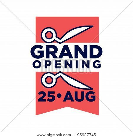 Grand opening on 25 August promotional emblem with two pieces of red ribbon and scissors isolated flat vector illustration on white background. Grandiose ceremony logotype for advertisement.