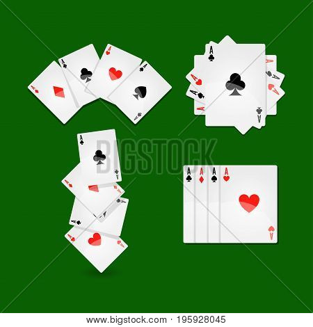 Aces set that lays in form of fan, in neat row and in mess on green play field at casino. Winning combination in card game with big stakes. Equipment for gambling isolated vector illustration.